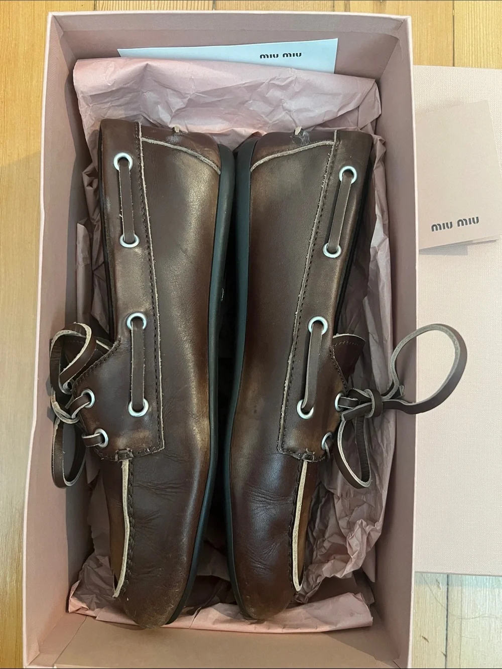 Miu Miu Brown Leather Men’s Boat Shoes with Contrast Lacing distress